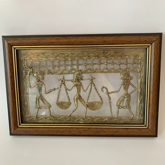 TRIBAL ART FUSION WARLI DHOKRA INDIA WALL DÉCOR PIRCURE BRASS FRAMED 9" BY 6"